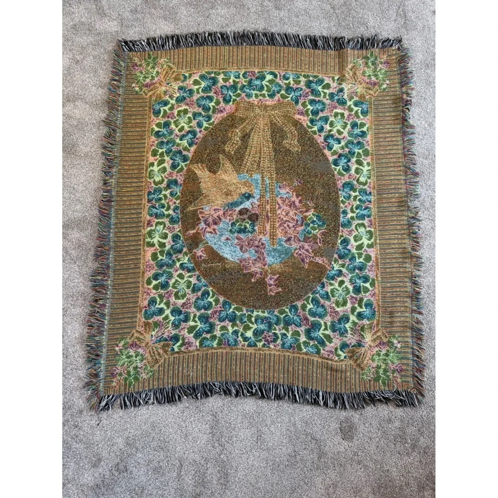 Vicky Howard Bluebird Pansy Woven Tapestry Throw Blanket Fringe Cottagecore Vtg